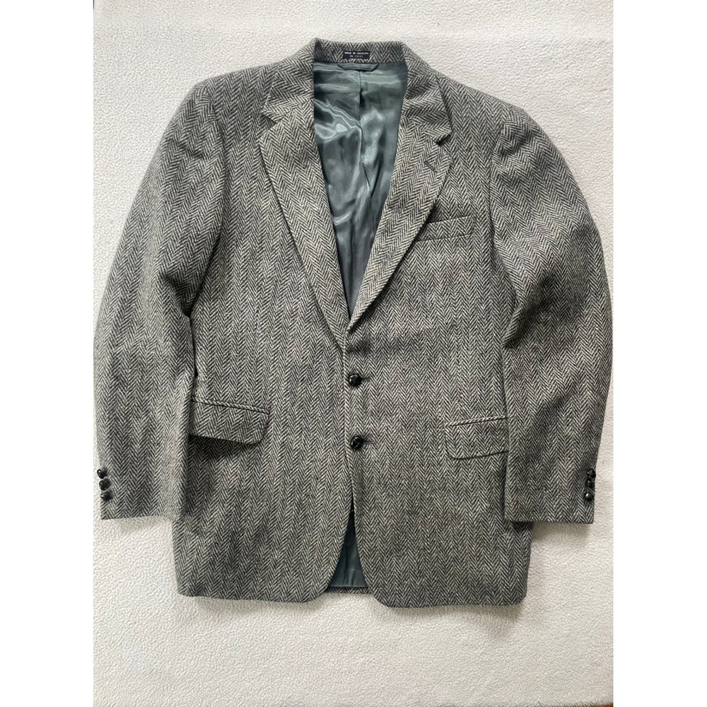 80s Vintage Woodmere Mens Large Blazer Grey Herringbone Pure Wool Sport Coat